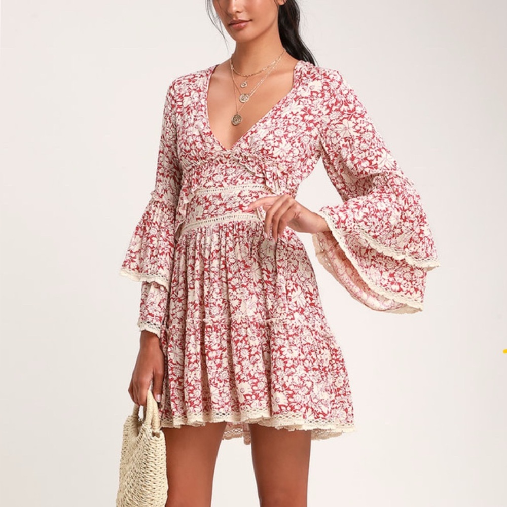 Free People Floral Red and White Dress with Bell Sleeves
